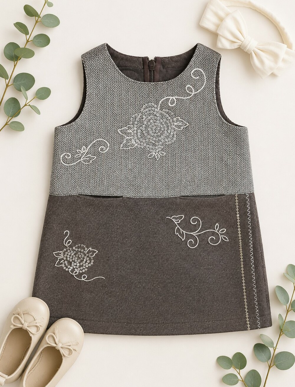 Koala Kids Brown Gray Embroidered Dress Girls Lined Floral Sleeveless Size 18M